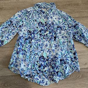 Lilly Pulitzer Top Blouse Womens XL Blue Floral Long Sleeve Flowy Rayon Colorful